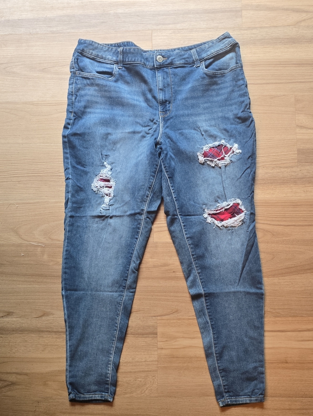 Maurices Blue High Rise Jeans with Red Patch Distress
